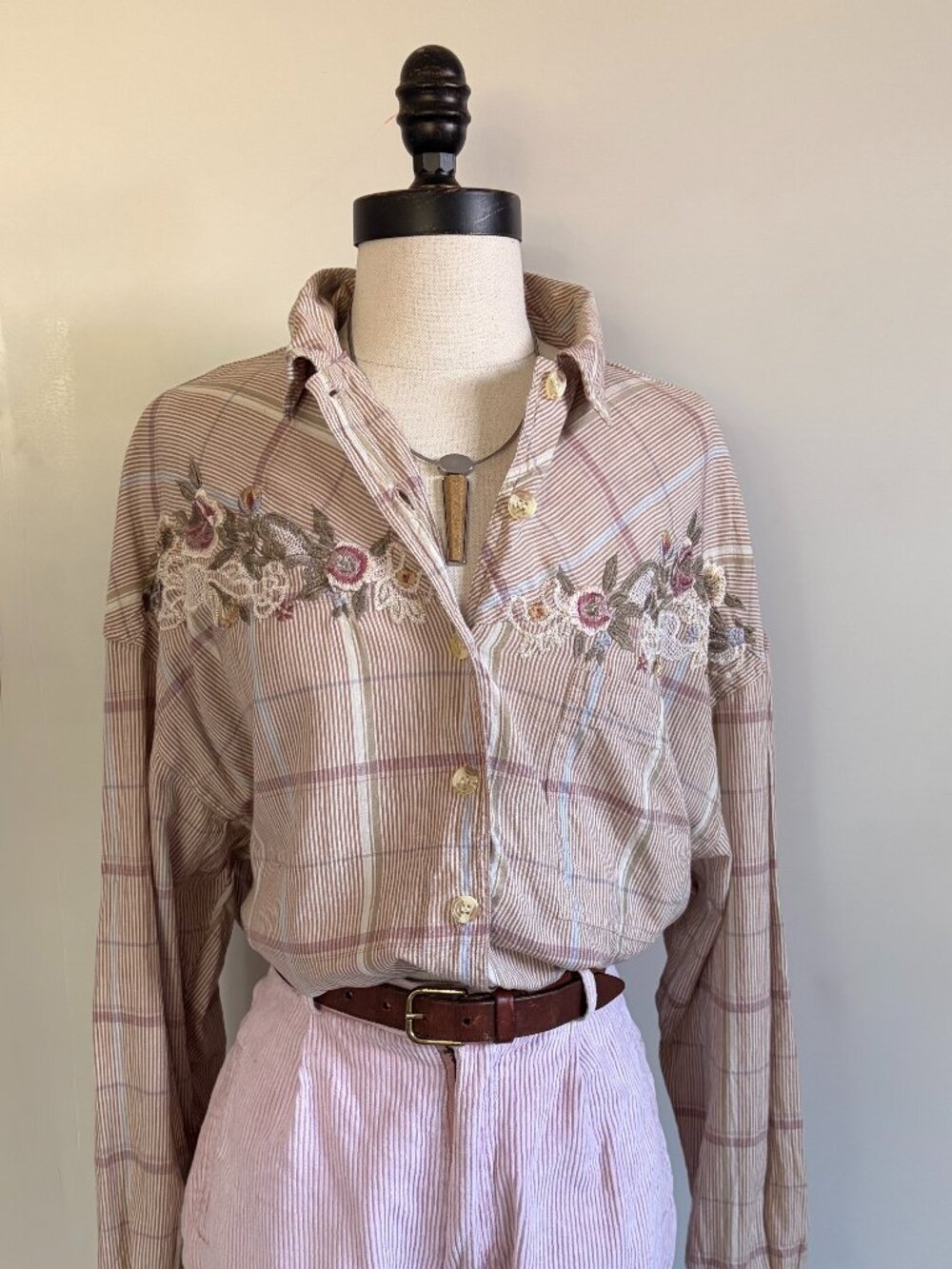 Vintage 80s Together! 100% Cotton Floral Embroidered Striped Button Up Shirt XL